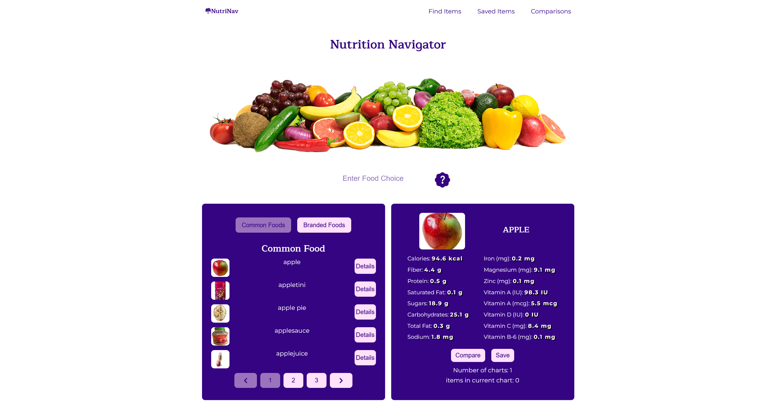 Screenshot of nutrition navigator site with apple searched, and nutrional info