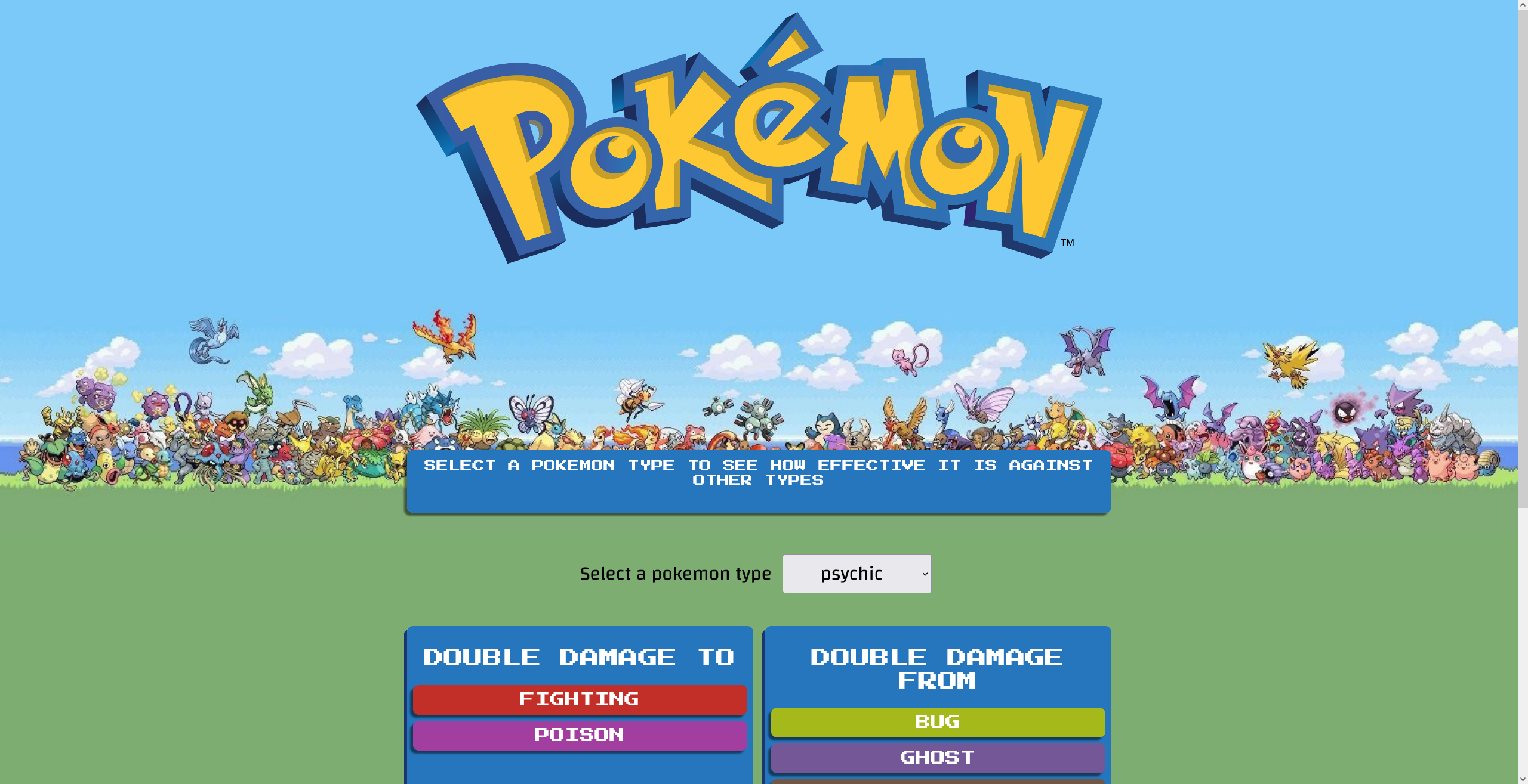 Screen shot of Pokemon type comaparison site